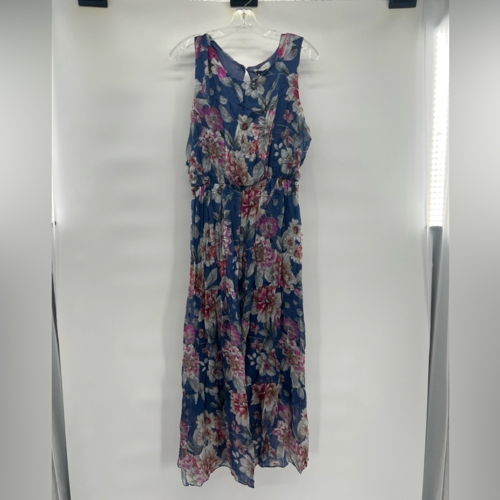 Lara G blue floral denim sleeveless silk blend dress size XL